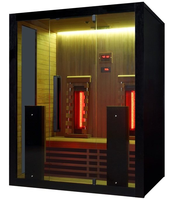 Exterior front door open warm led view of the Hekla IR160 2 person infrared sauna cabin.