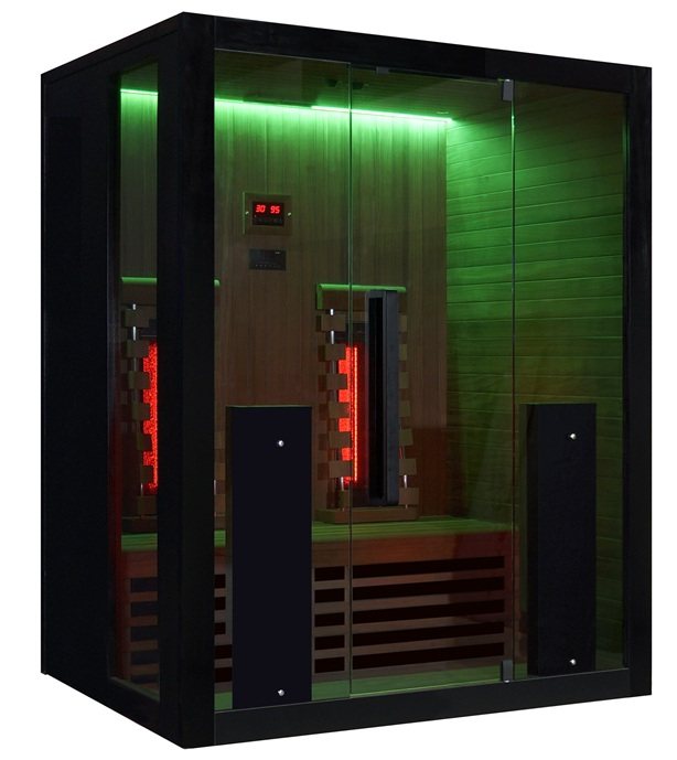 Exterior front green led view of the Hekla IR160 2 person infrared sauna cabin.