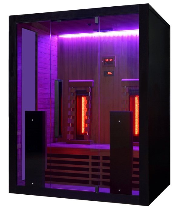 Exterior front purple led view of the Hekla IR160 2 person infrared sauna cabin.