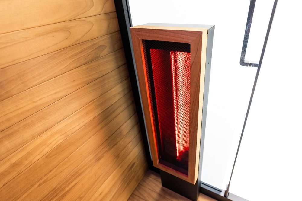 Infrared heater by door closeup of the Hekla IR160 2 person infrared sauna cabin.