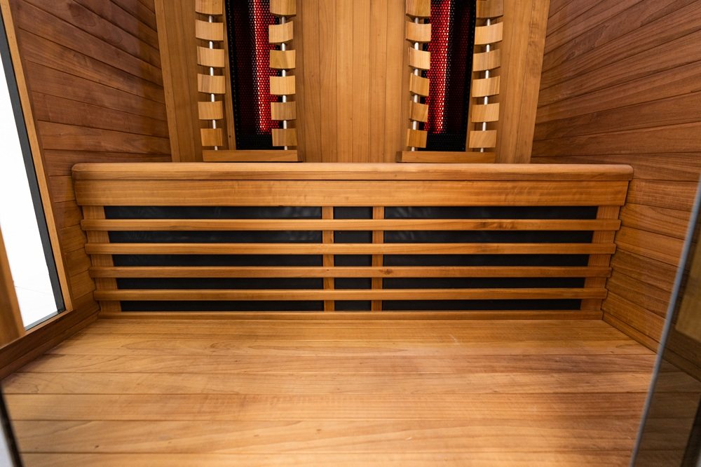 Interior bench and back heaters view of the Hekla IR160 2 person infrared sauna cabin.