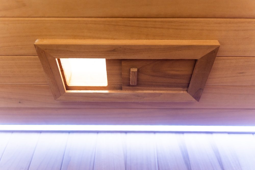 Interior ceiling light and led strip view of the Hekla IR160 2 person infrared sauna cabin.