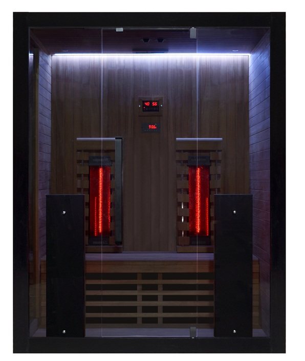 Interior front view white led view of the Hekla IR160 2 person infrared sauna cabin.