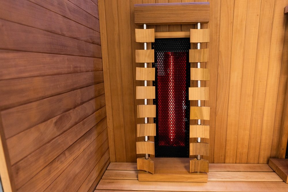 Interior infrared heater closeup view of the Hekla IR160 2 person infrared sauna cabin.