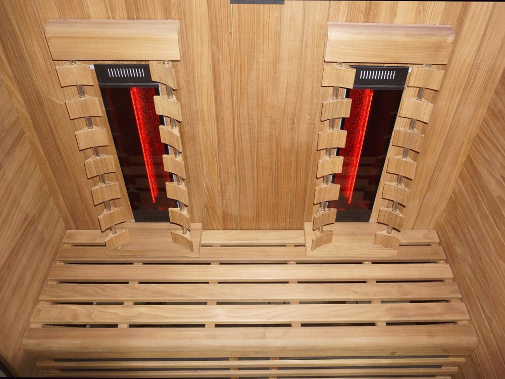 Interior top view heaters and bench view of the Hekla IR160 2 person infrared sauna cabin.