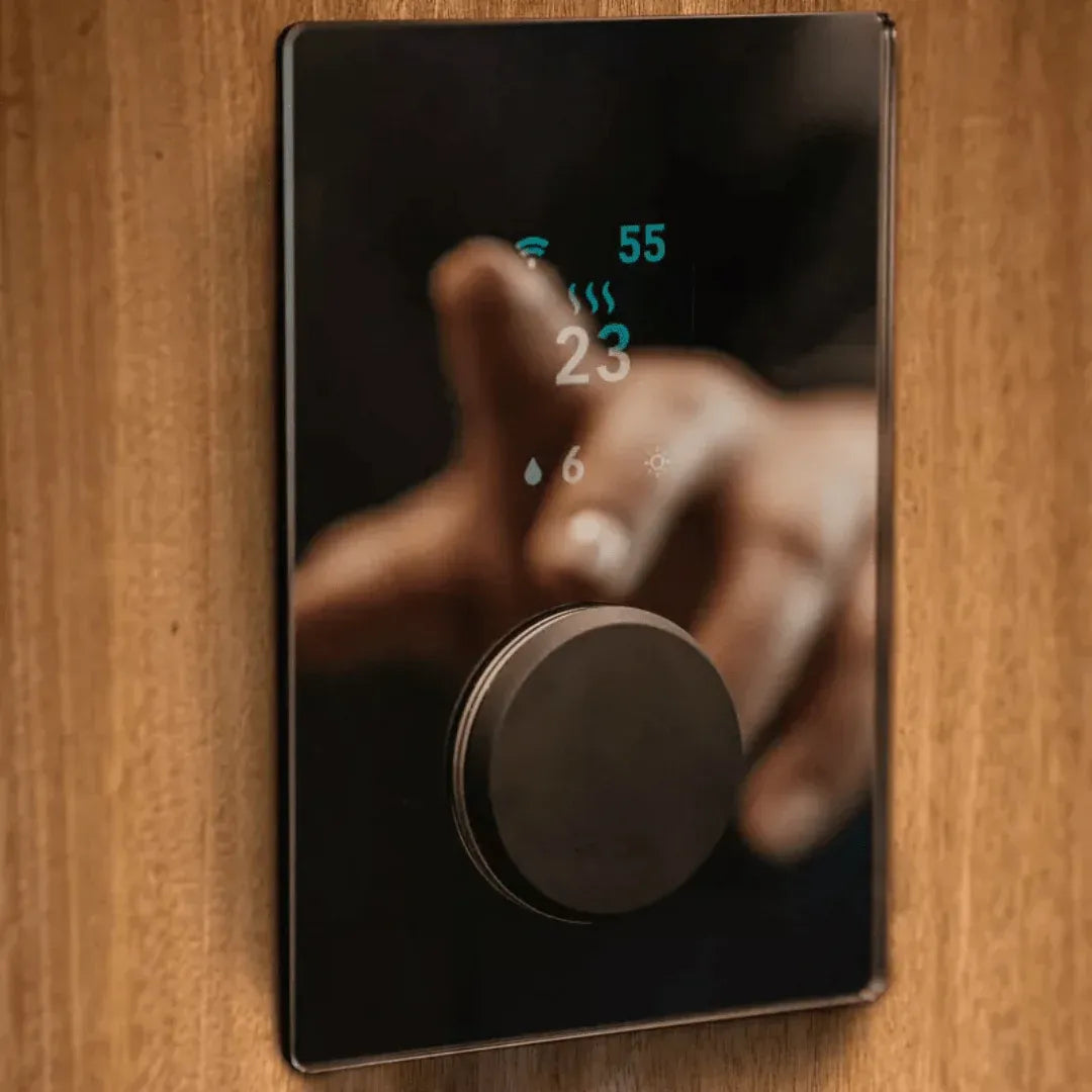 HUUM UKU Wi‑Fi sauna control unit (glass black), installation components.