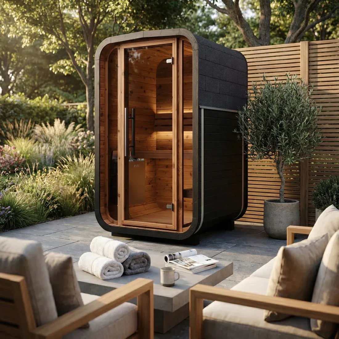 ThermoWood Cube Outdoor Sauna Black Mini 2 person, exterior front angle.