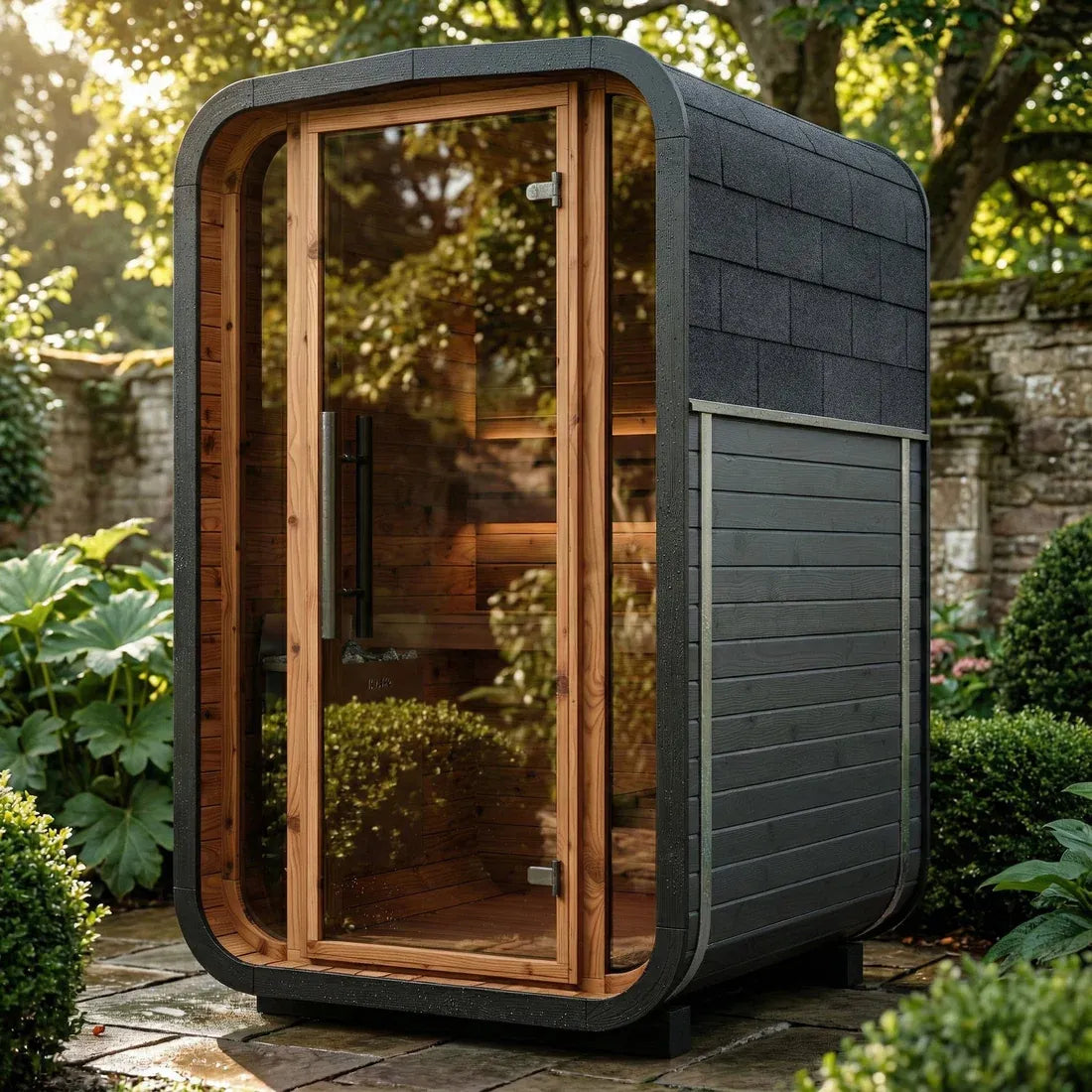 ThermoWood Cube Outdoor Sauna Black Mini 2 person, exterior front view.
