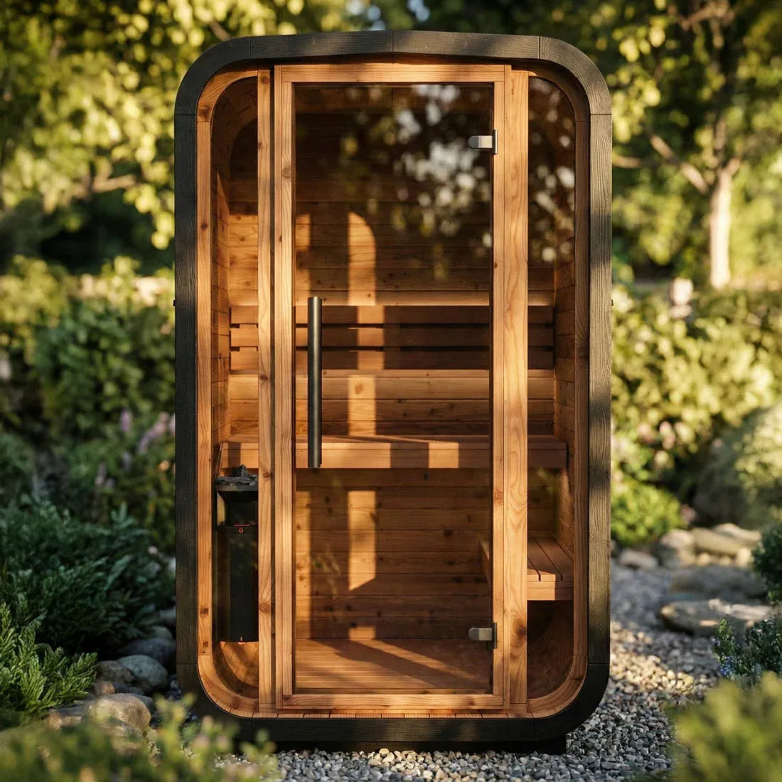 ThermoWood Cube Outdoor Sauna Black Mini 2 person, exterior rear view.
