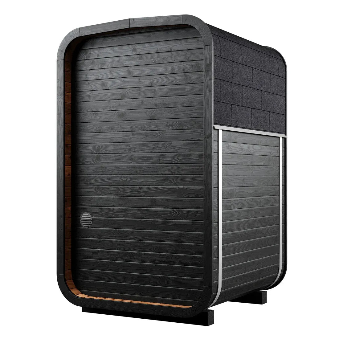 ThermoWood Cube Outdoor Sauna Black Mini 2 person, exterior side view.