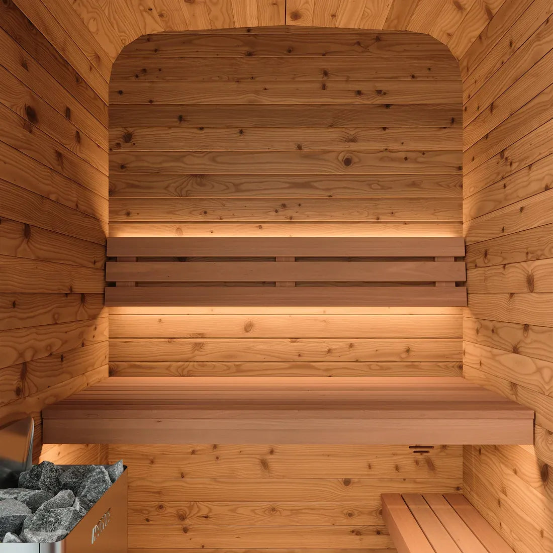 ThermoWood Cube Outdoor Sauna Black Mini 2 person, interior bench view.