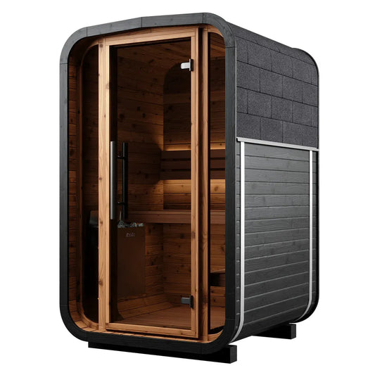 ThermoWood Cube Outdoor Sauna Black Mini 2 person, lighting detail.