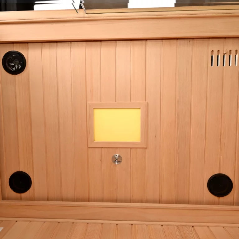 Interior front wall view inside Within Wellness Select Retreat infrared sauna (SRA200).