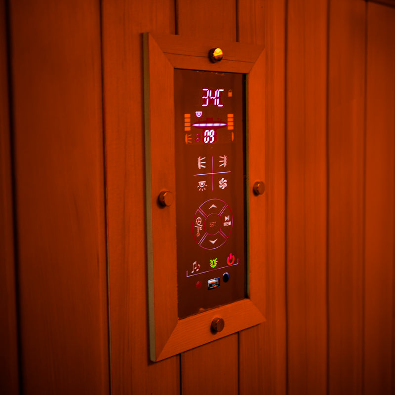Touch control panel display inside Within Wellness Select Retreat infrared sauna (SRA200).