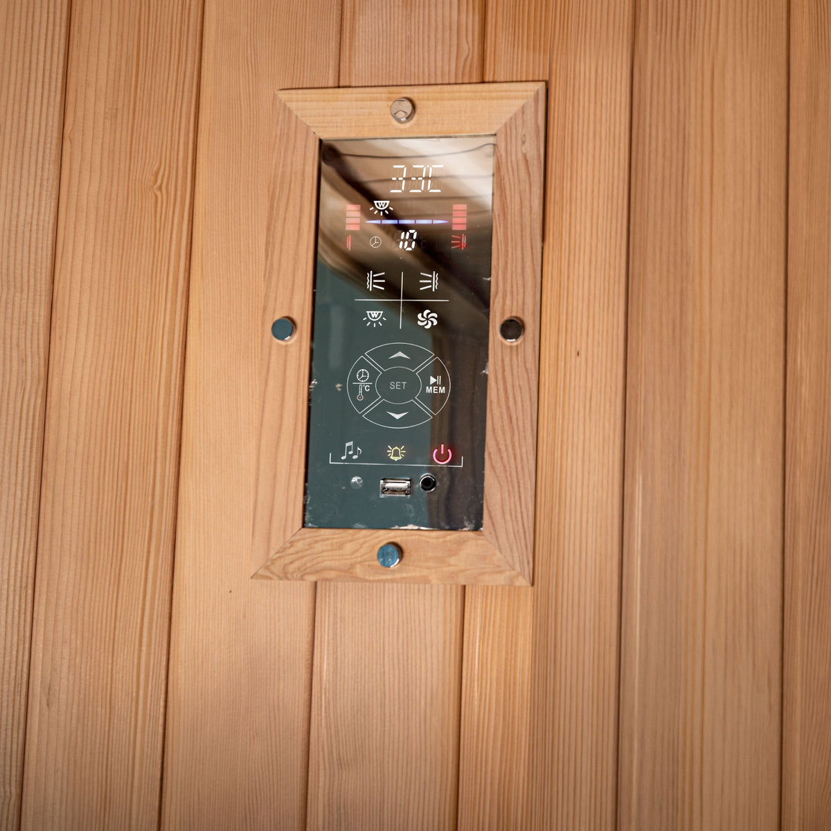 Touch control panel display inside Within Wellness Select Retreat infrared sauna (SRA200).
