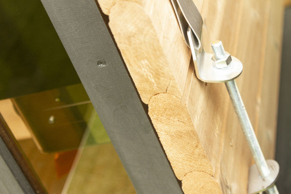 Woodchop Oval outdoor sauna 2 person, door glass detail.