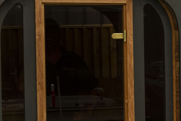 Woodchop Oval outdoor sauna 2 person, interior wide view.
